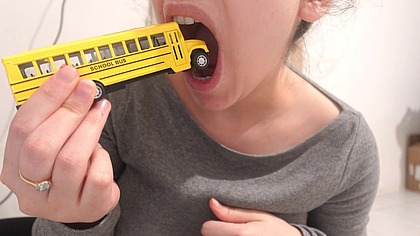 Giantess Stepmom wants to eat the Tiny school bus, she plays with it, then puts it between her big tits and puts it in her panties, then pulls it up and leaves with it