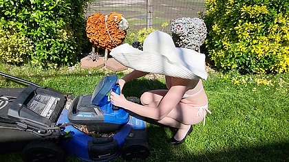 Naked Housewife Mows the Lawn on Your Property