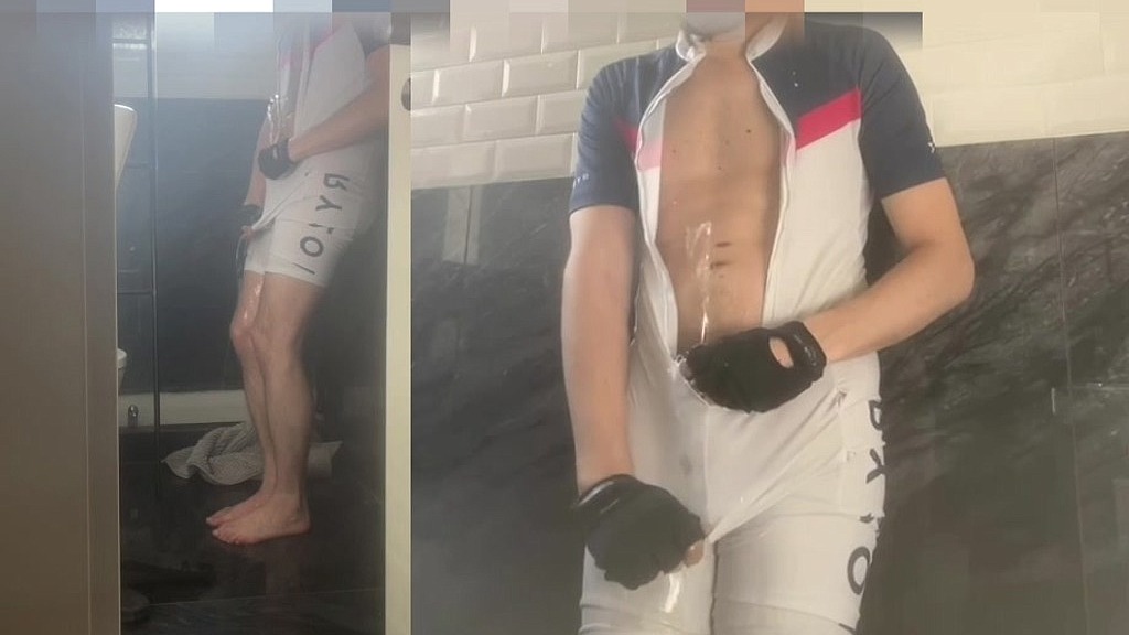 this young cyclist boy made it to the bathroom but still wets himself as he can t hold pee any longer (Shyflatmate) this young cyclist boy made it to the bathroom but still wets himself as he can t hold pee any longer (Shyflatmate)