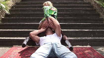 Stacey is hungry for some dick today, so she wanders the grounds in search of a horny man with enough virility to satisfy her