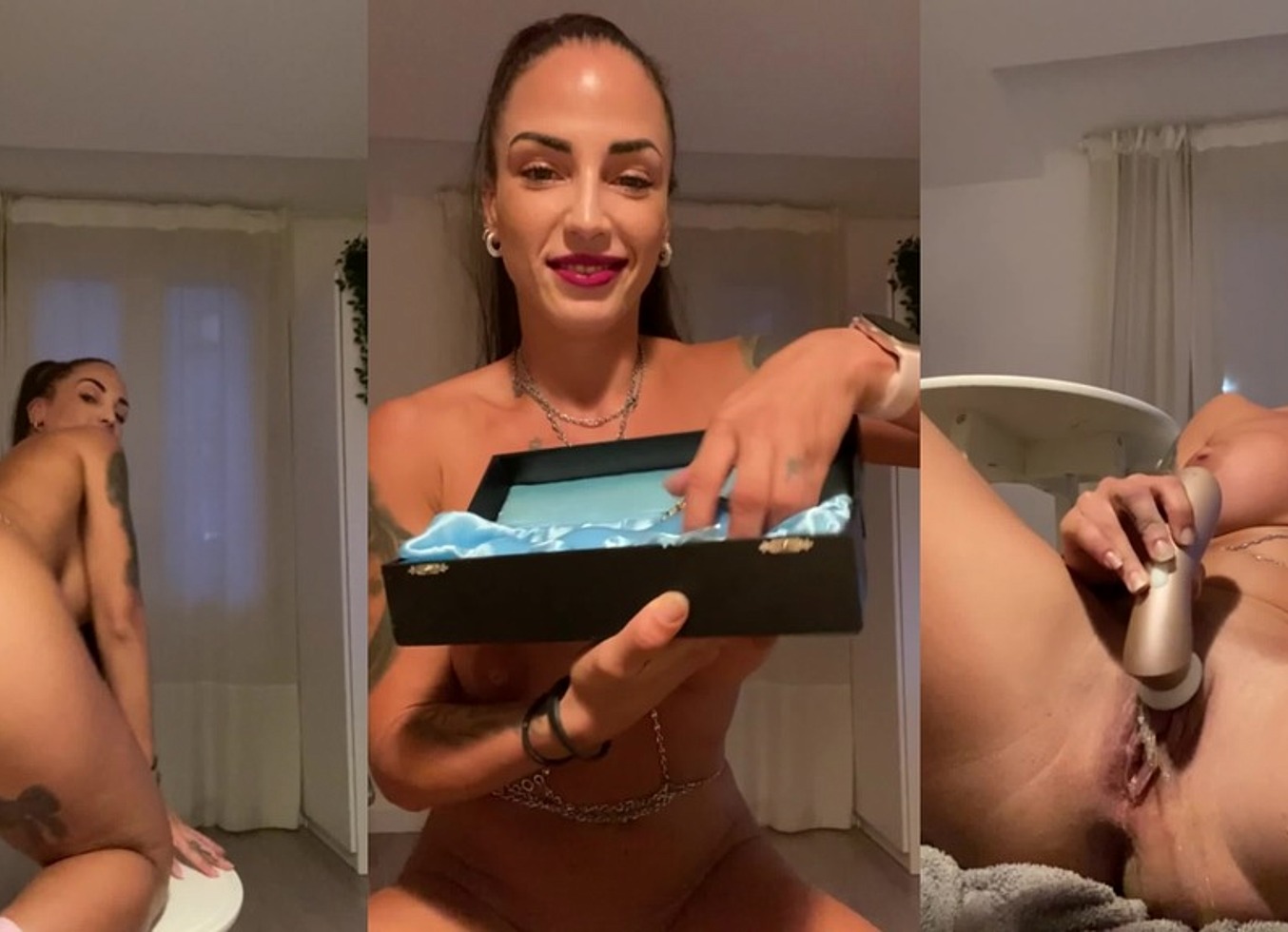 Very Hot Tattooed Brunette, Playing With Dildo And Squirting With Satisfyer