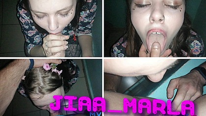 Quick blowjob in the entrance and swallowed cum in her mouth from her boyfriend