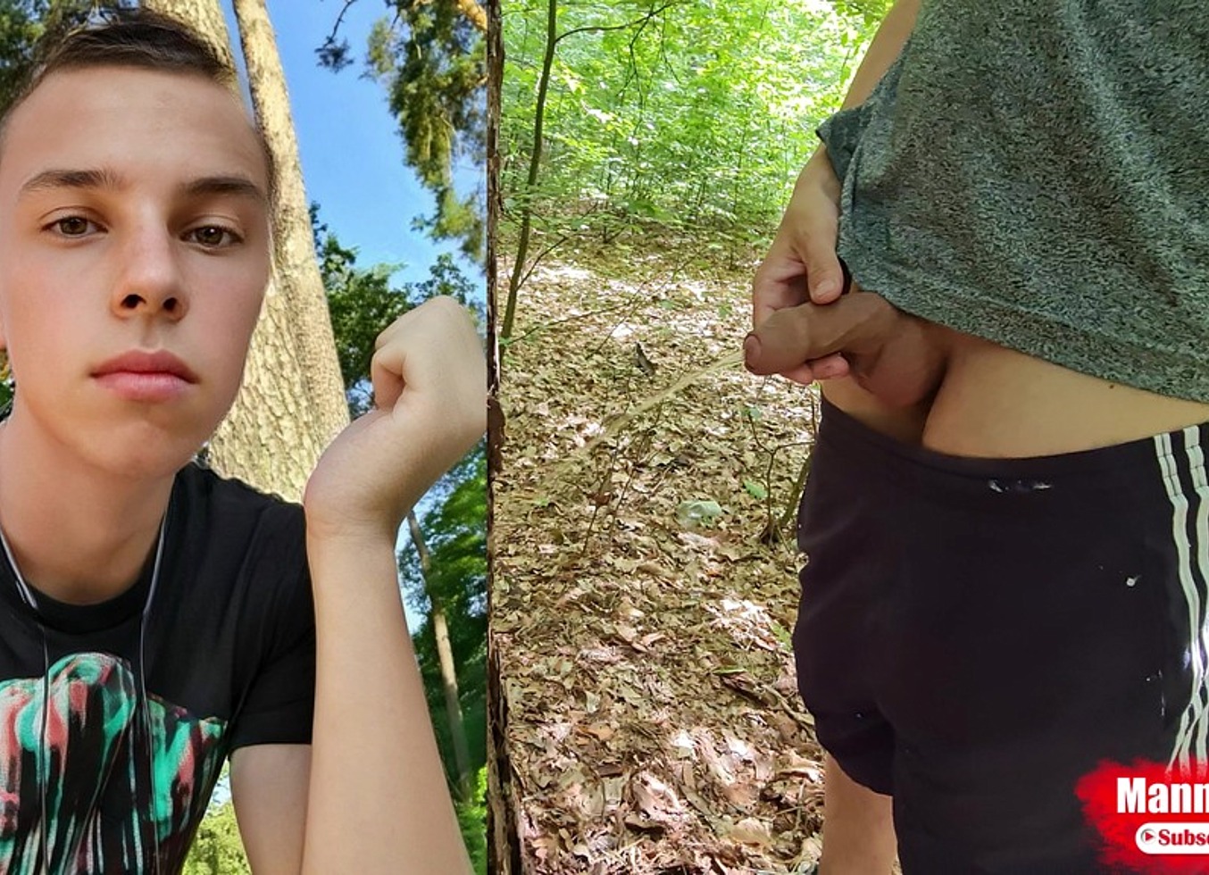 Pissed On The Tree. Naked Walk In The Woods