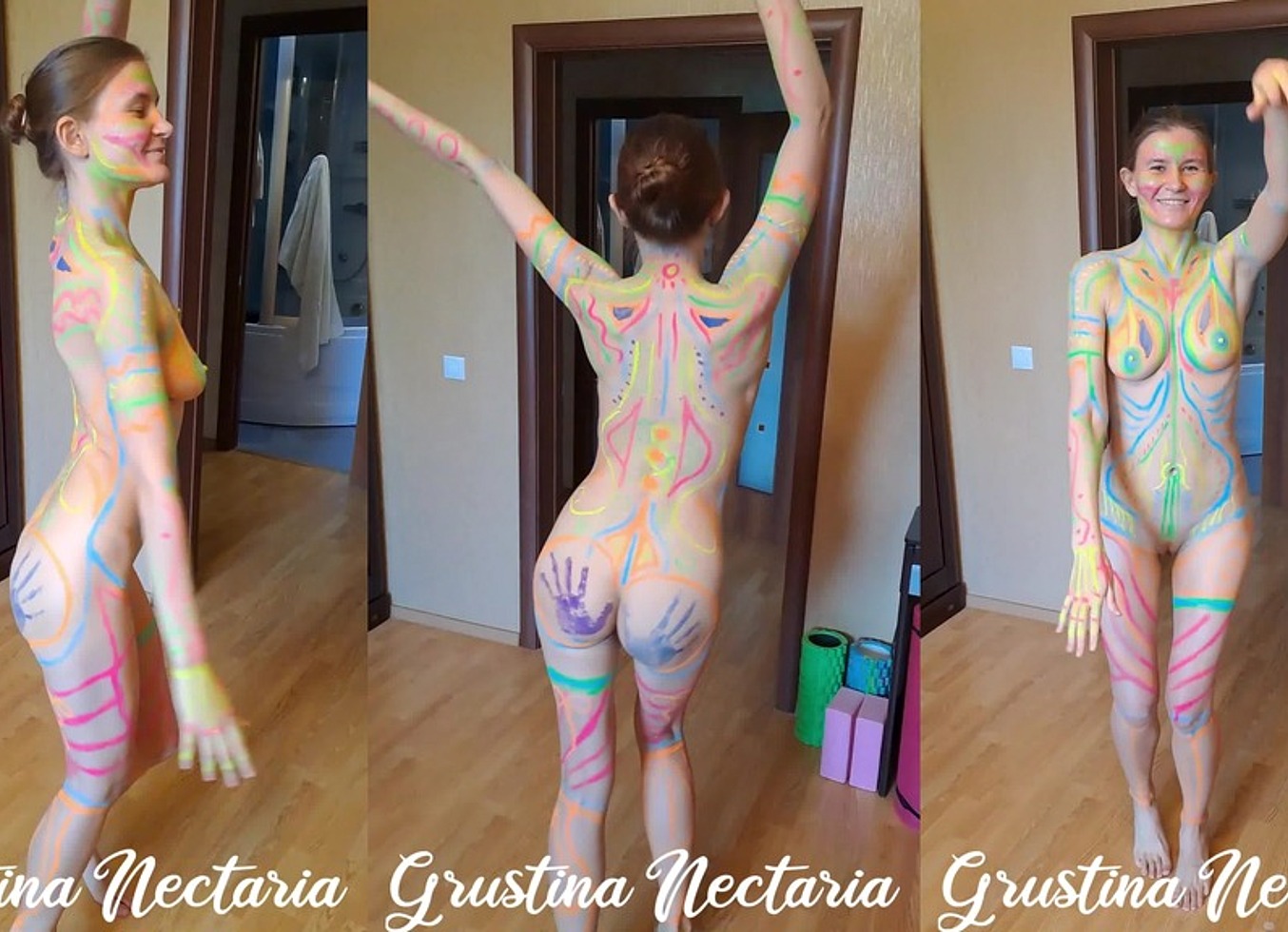 Nude Body Art. Natural Body And Perfect Tits Touching