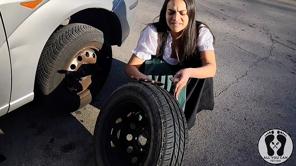 dirndl slut gets dirty and oily changing tires (Ana Spears) dirndl slut gets dirty and oily changing tires (Ana Spears)