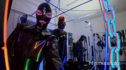 BTS: Neon-Lit Alien Latex Lab - Standing Fisting in a Latex Sack