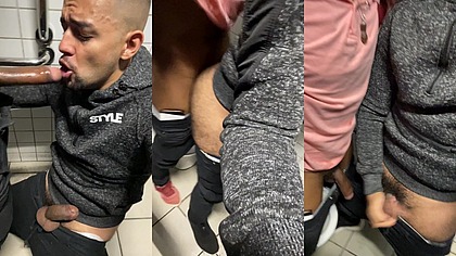 Safadeza no banheiro da academia, mamou, deu a bunda e gozou.