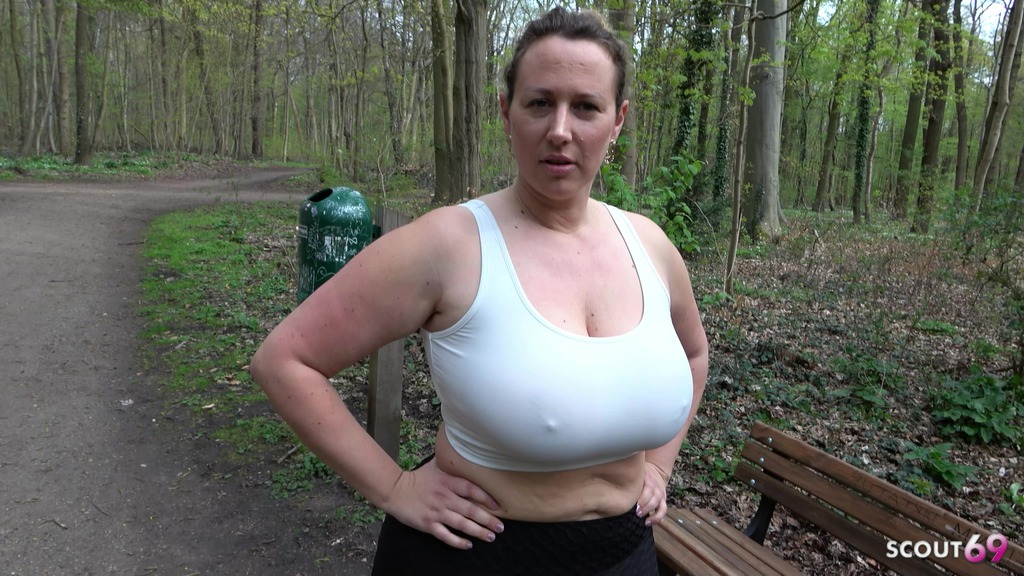 german curvy mature wife in leggings talk to public risky blowjob to stranger boy at jogging and swallow cum