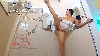 Nude chick trying on a leopard robe and white linen, masturbates rubs cosmetic massage lotion oil on her beautiful legs in shower Spy cam 2