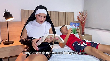 A sexy and voluptuous nun fornicating with a little man asks him to break her ass - Cosplay Porn - Savannah Watson